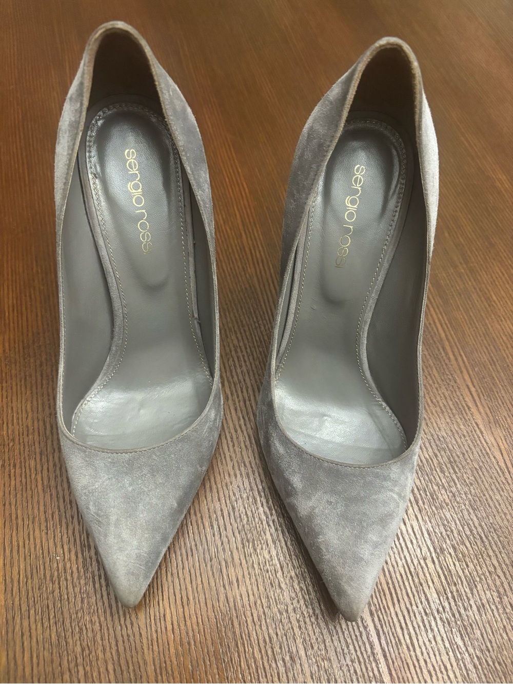 Sergio Rossi Women's Gray Suede Pointed-Toe Pumps with red soles 37